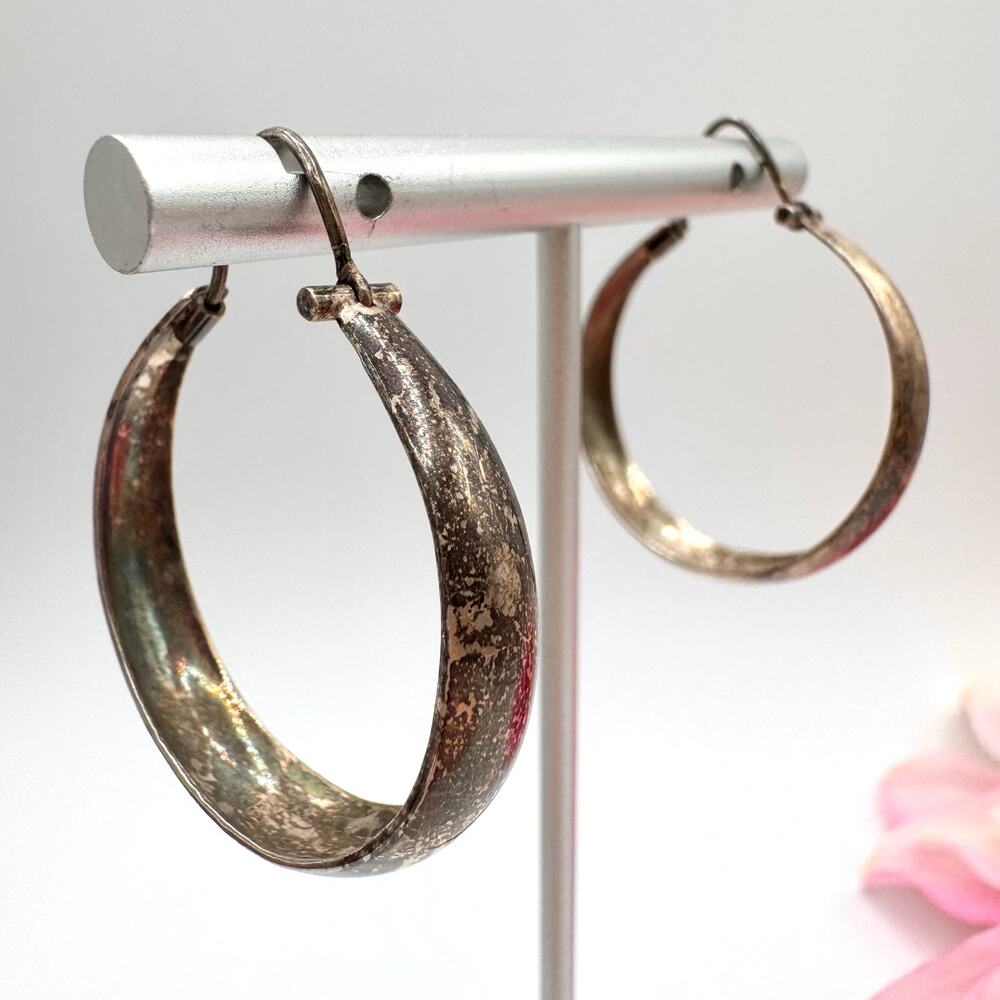 Vintage 925 Sterling Silver Tarnished Hoop Earrings Stamped Tested 6.39 grams - Picture 4 of 10